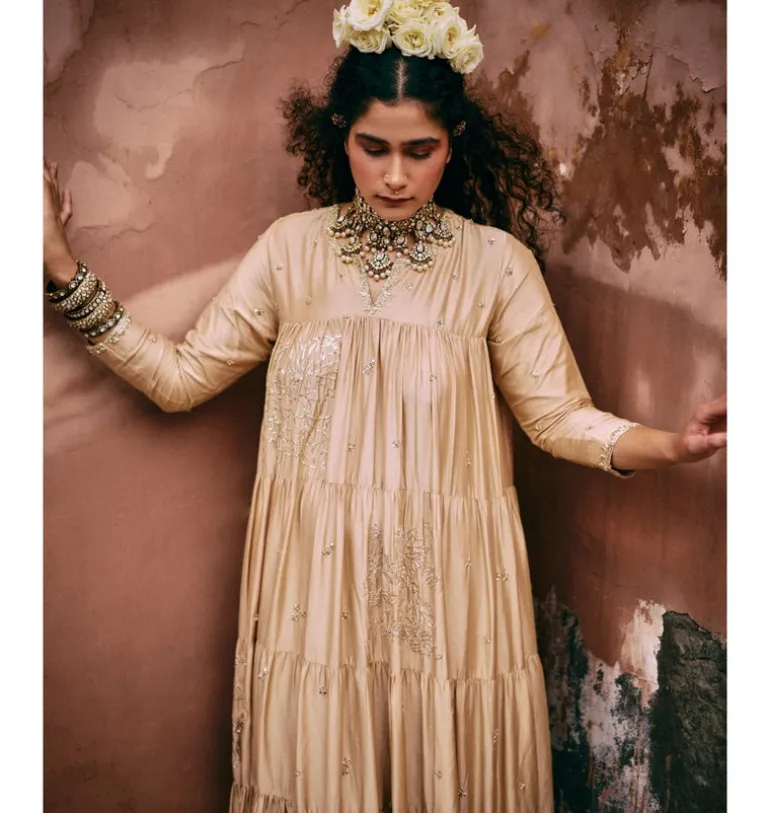 Beige Modal Embroidered Tiered Anarkali Set