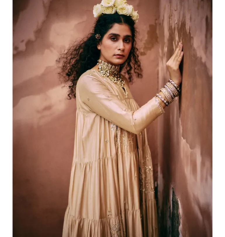 Beige Modal Embroidered Tiered Anarkali Set