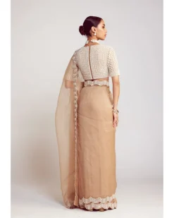 Beige Pearl Embellished Organza Sari Set