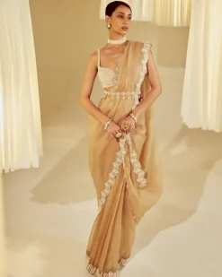 Beige Pearl Embellished Sari Set