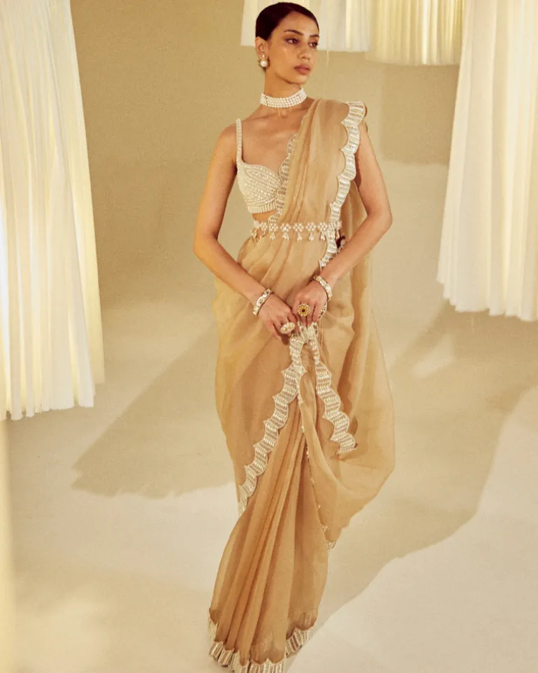 Beige Pearl Embellished Sari Set