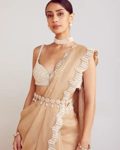 Beige Pearl Embellished Sari Set