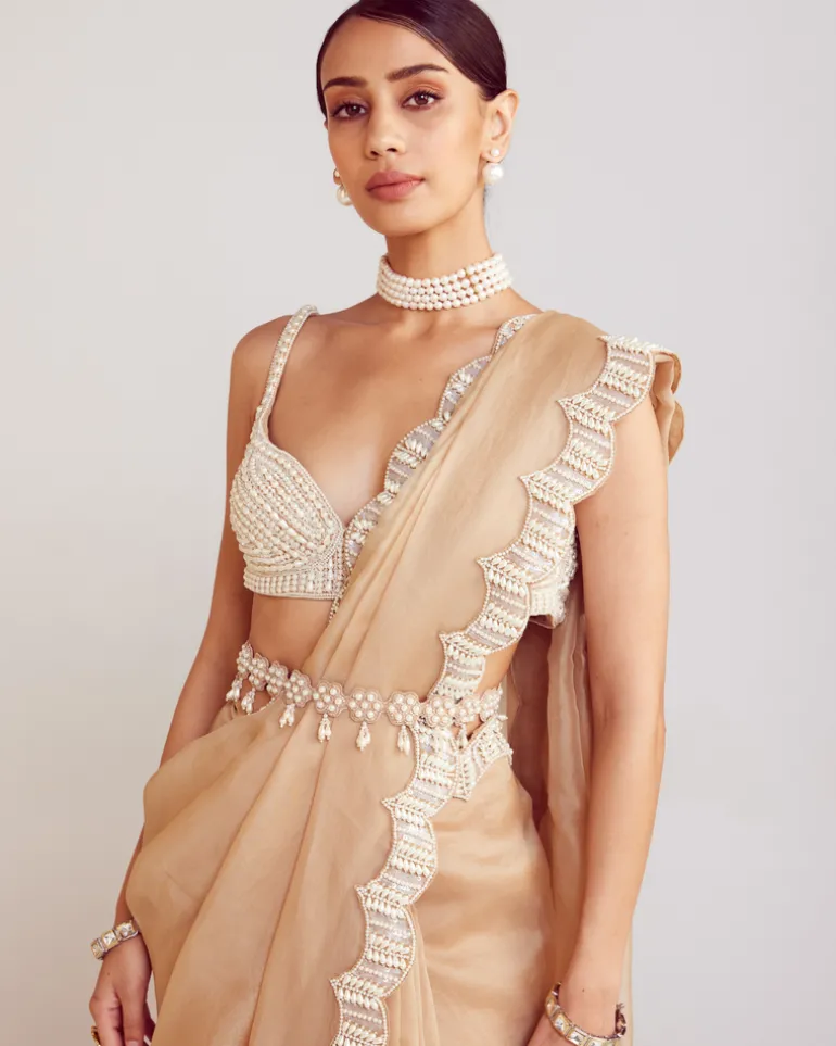 Beige Pearl Embellished Sari Set