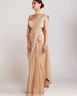 Beige Pearl Embellished Sari Set
