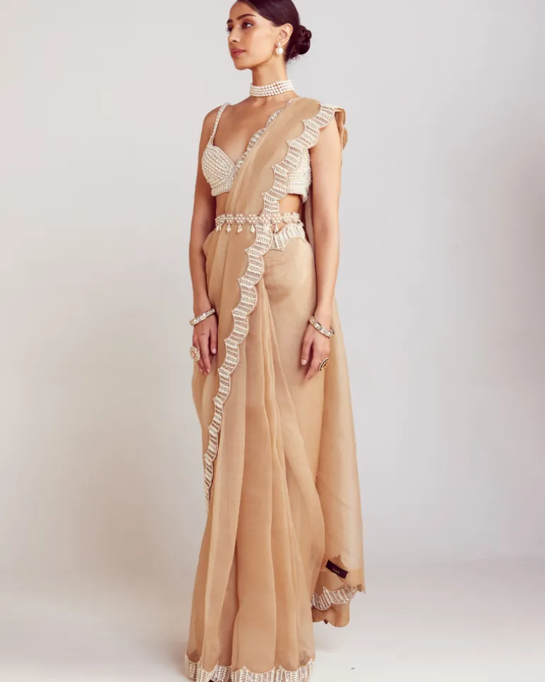 Beige Pearl Embellished Sari Set