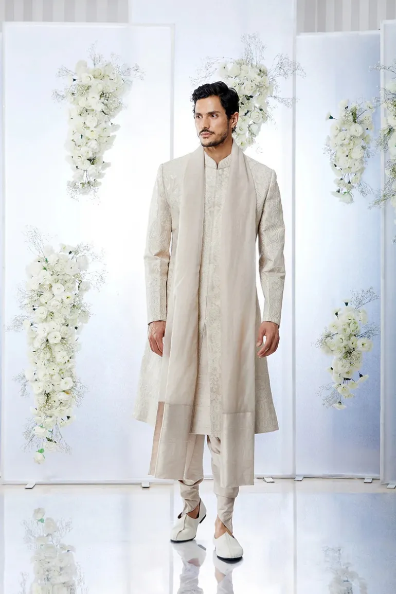 Beige Pink Sequin Embroidered Sherwani Set