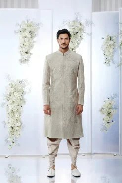 Beige Pink Sequin Embroidered Sherwani Set