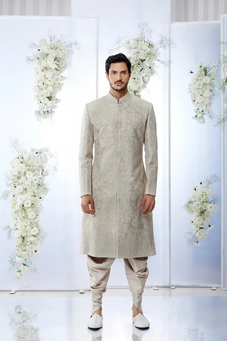 Beige Pink Sequin Embroidered Sherwani Set