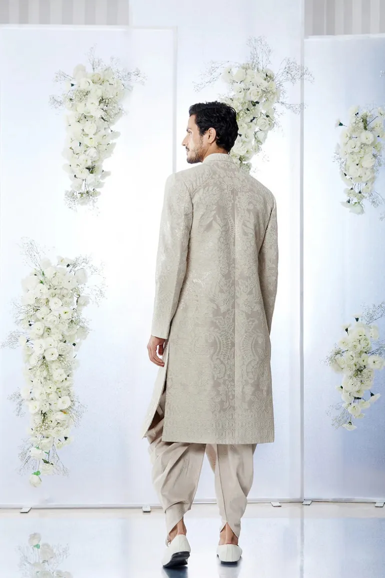Beige Pink Sequin Embroidered Sherwani Set