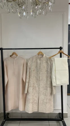 Beige Pink Sequin Embroidered Sherwani Set