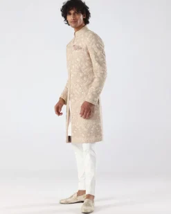 Beige Pink Thread Embroidery Sherwani | Sample Sale