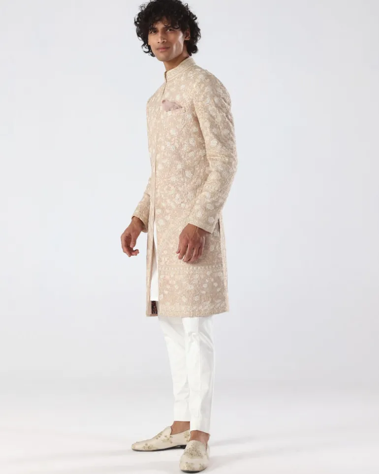 Beige Pink Thread Embroidery Sherwani | Sample Sale