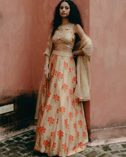 Beige Printed Kali Lehenga Set