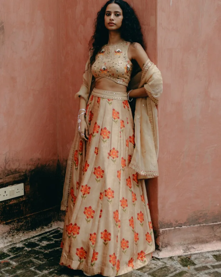 Beige Printed Kali Lehenga Set