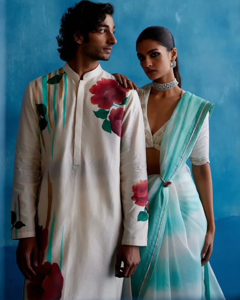 Beige Silk Chanderi Hand-Painted Kurta Set