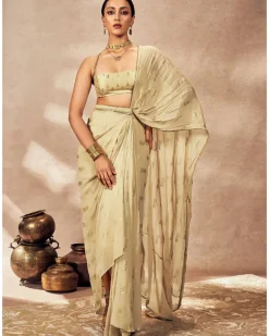 Beige Timber Tribe Drape Sari Set