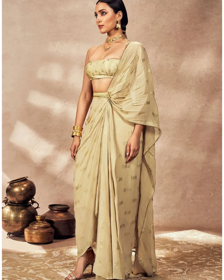 Beige Timber Tribe Drape Sari Set