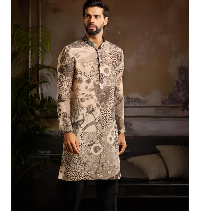 Beige With Black Printed Kurta Paired With Black Pants