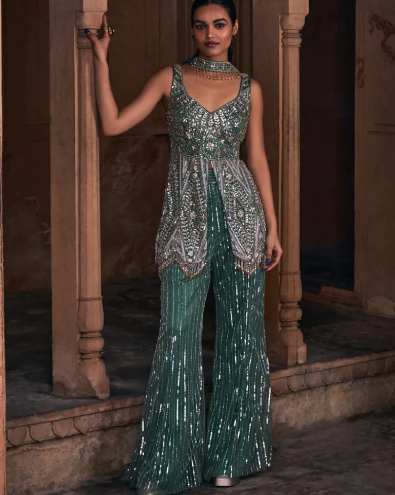 Belle Sage Green Embroidered Peplum Set