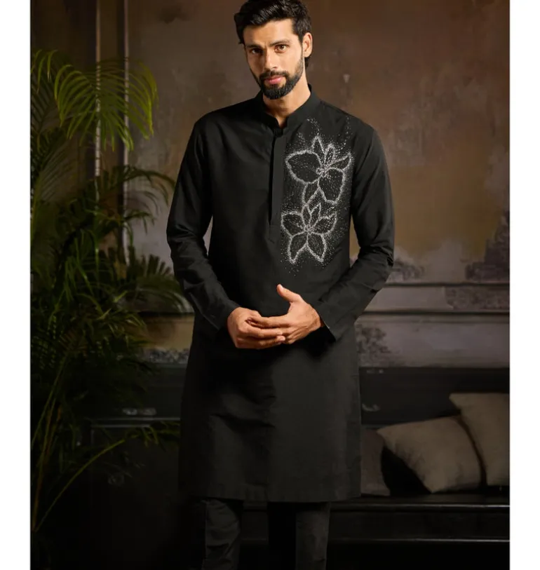 Black & Silver Star Dust Floral Motif Kurta Paired With Black Pants