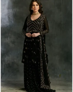 Black And Gold Georgette Jacket Sharara