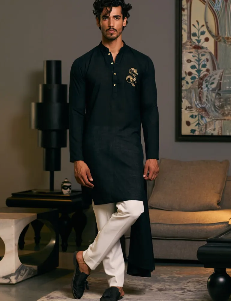 Black Blended Goe Dragon Kurta Set