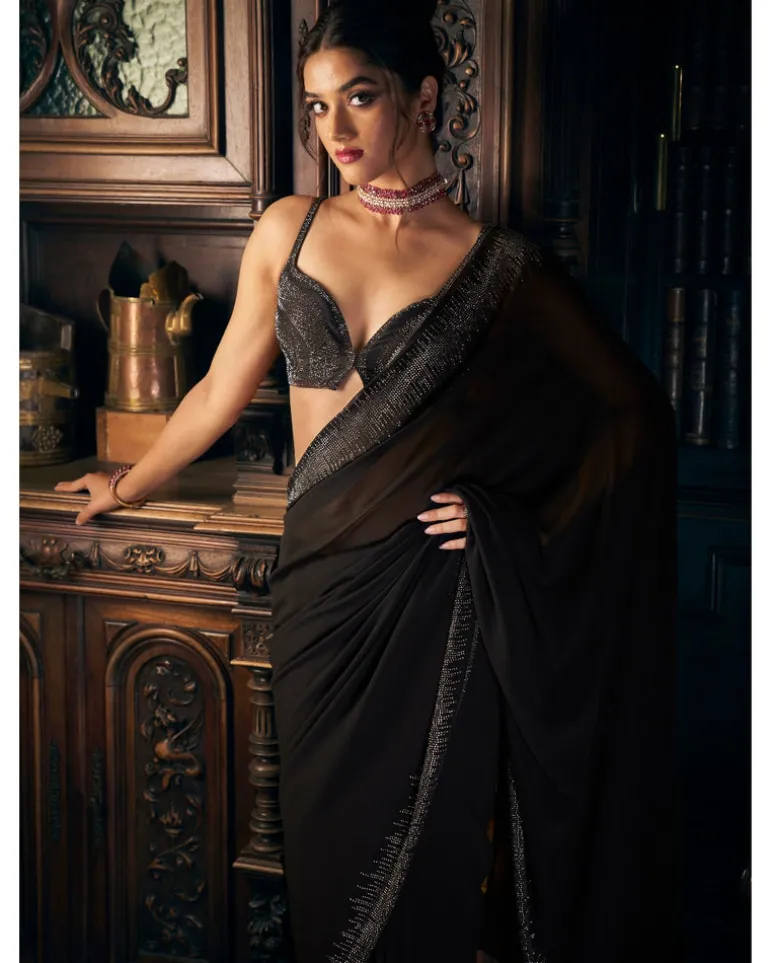 Black Crystal Georgette Sari Set