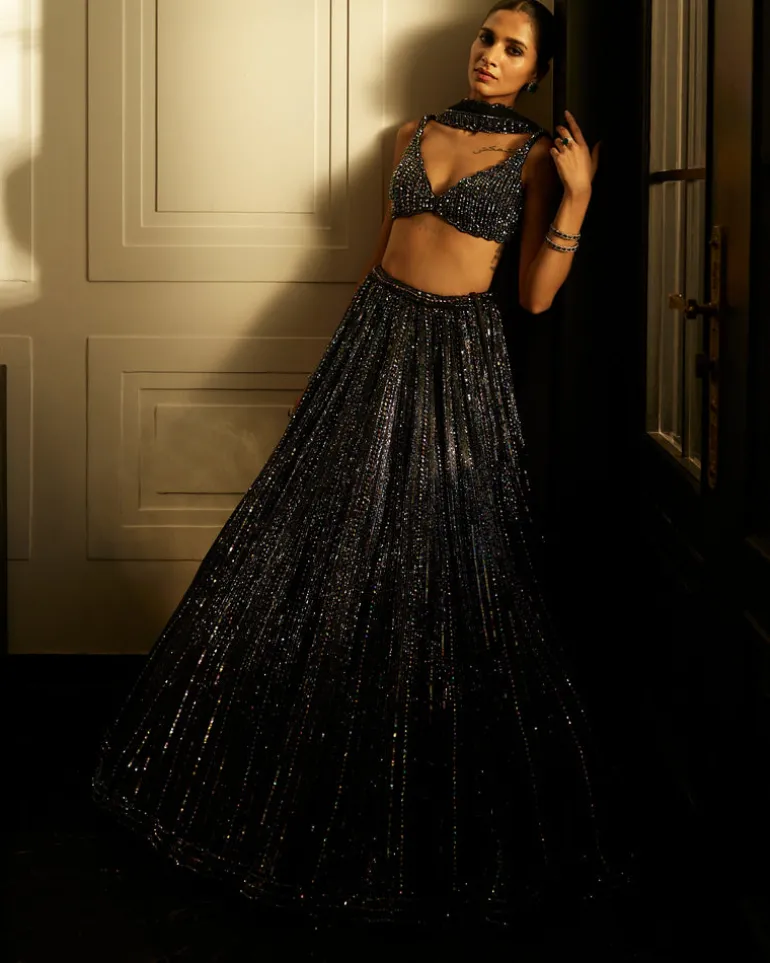 Black Crystal Linear Embroidered Lehenga Set
