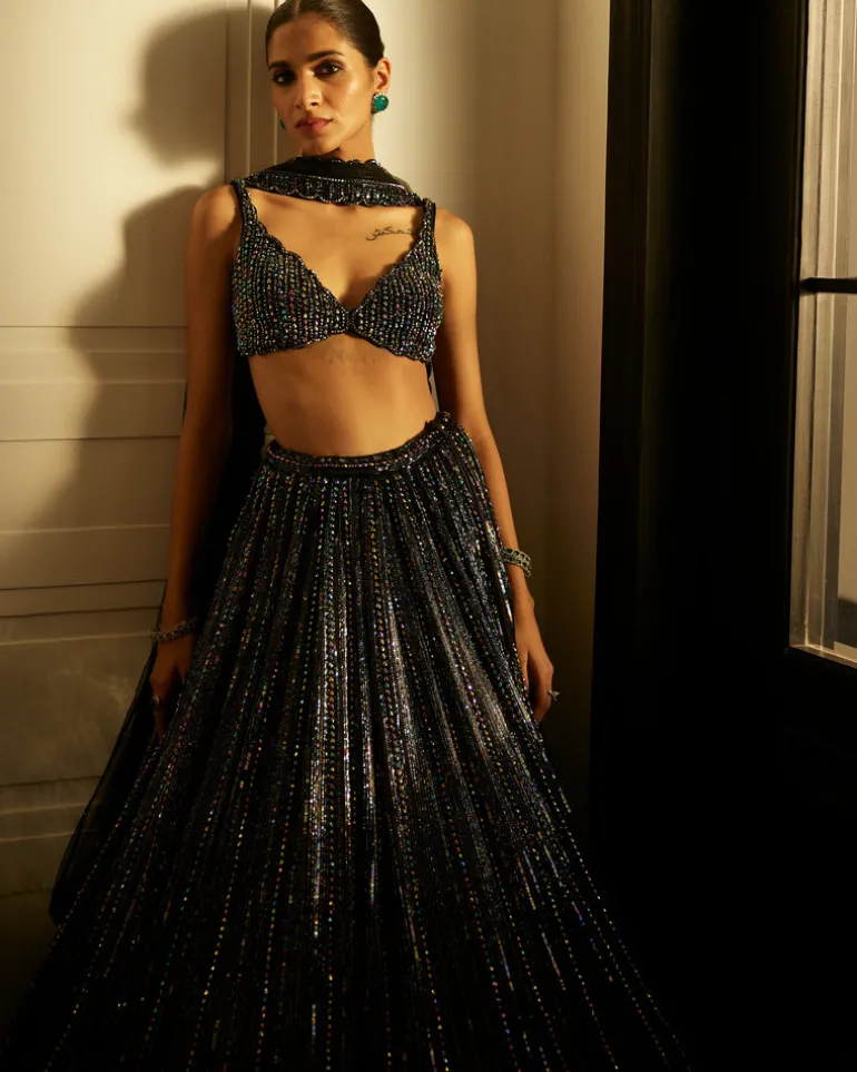 Black Crystal Linear Embroidered Lehenga Set