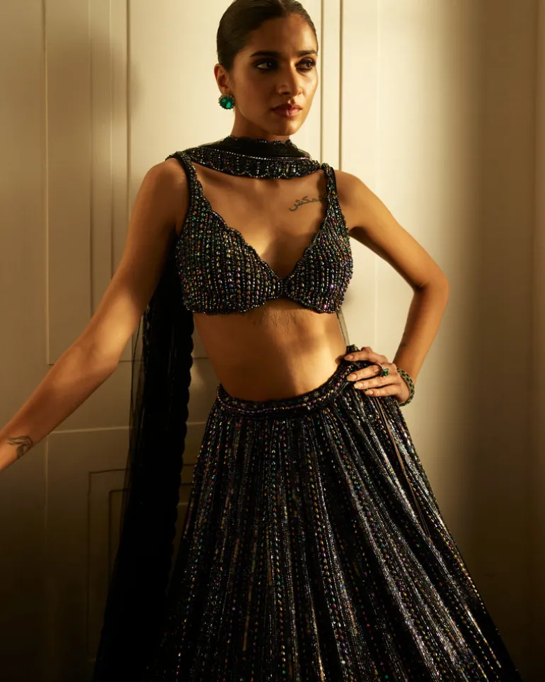 Black Crystal Linear Embroidered Lehenga Set
