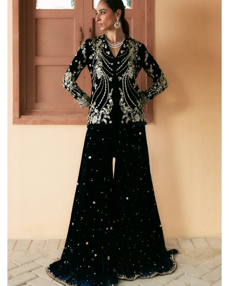Black Embroidered Belted Sharara Set