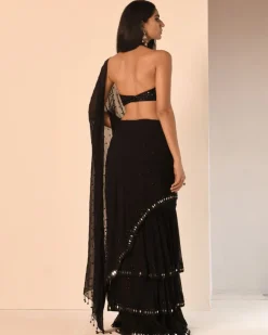 Black Embroidered Tiered Sari Set