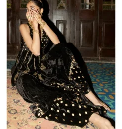 Black Embroidered Velvet Sharara Set