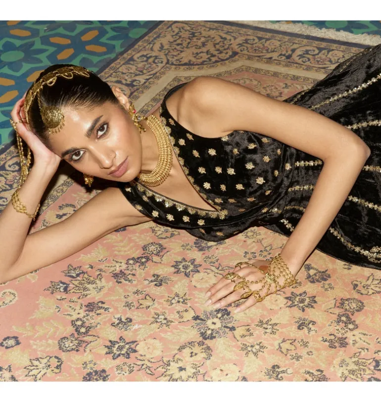 Black Embroidered Velvet Sharara Set