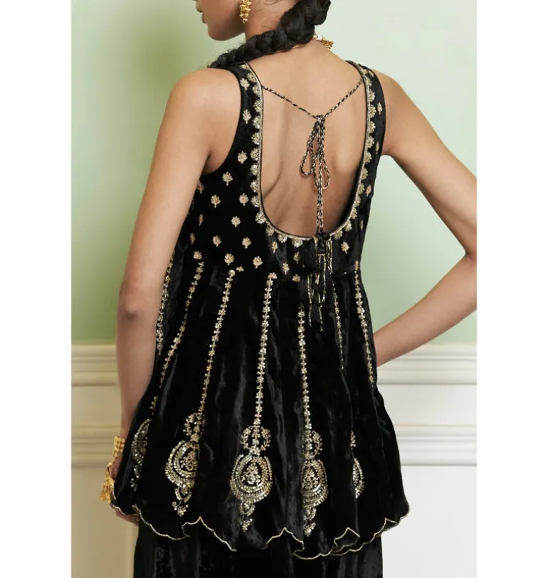 Black Embroidered Velvet Sharara Set