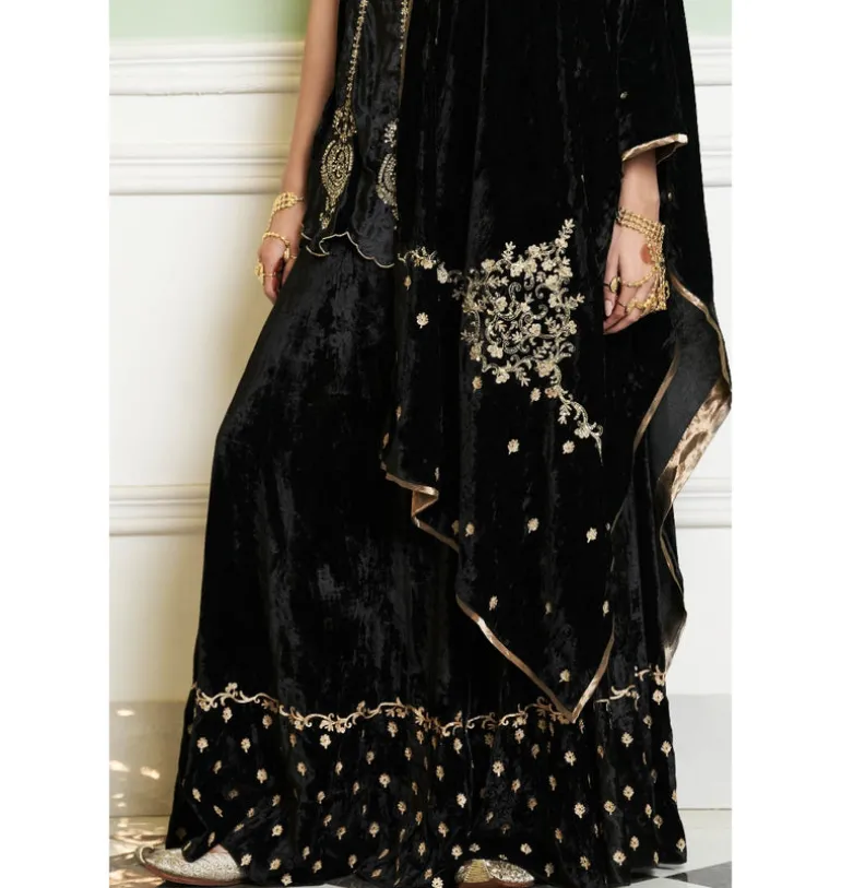 Black Embroidered Velvet Sharara Set
