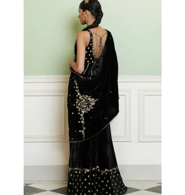 Black Embroidered Velvet Sharara Set