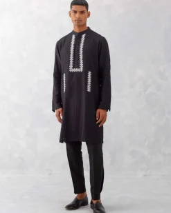 Black Embroidered Woven Chanderi Kurta Set