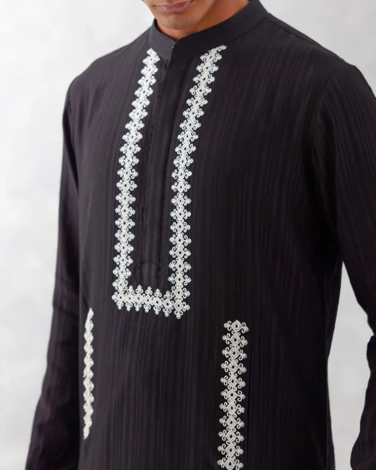 Black Embroidered Woven Chanderi Kurta Set