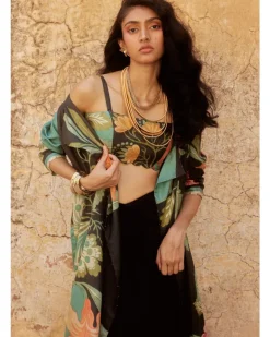 Black Floral Jacket And Drape Skirt Set
