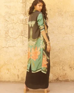Black Floral Jacket And Drape Skirt Set