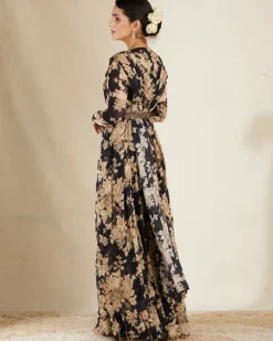 Black Floral Jumpsuit With Cape Set