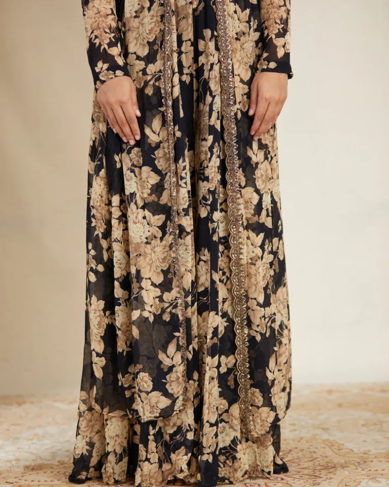 Black Floral Jumpsuit With Cape Set