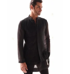 Black Gicha Cutdana Embroidery Nehru Jacket Set