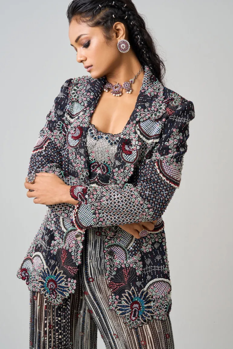 Black Hand Embroidered Blazer & Kantha A-Line Pants Set