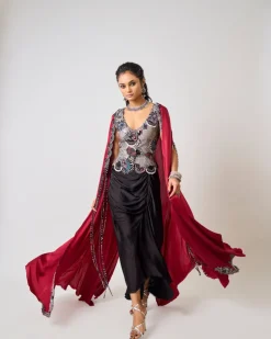 Black Hand Embroidered Floral Waistcoat With Burgundy Slit Cape Set