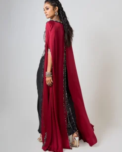 Black Hand Embroidered Floral Waistcoat With Burgundy Slit Cape Set