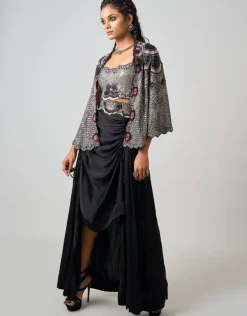 Black Hand Embroidered Short Cape & Drawstring Skirt Set