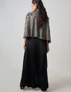 Black Hand Embroidered Short Cape & Drawstring Skirt Set