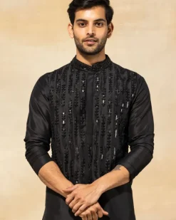 Black Leaf Embroidered Kurta Set